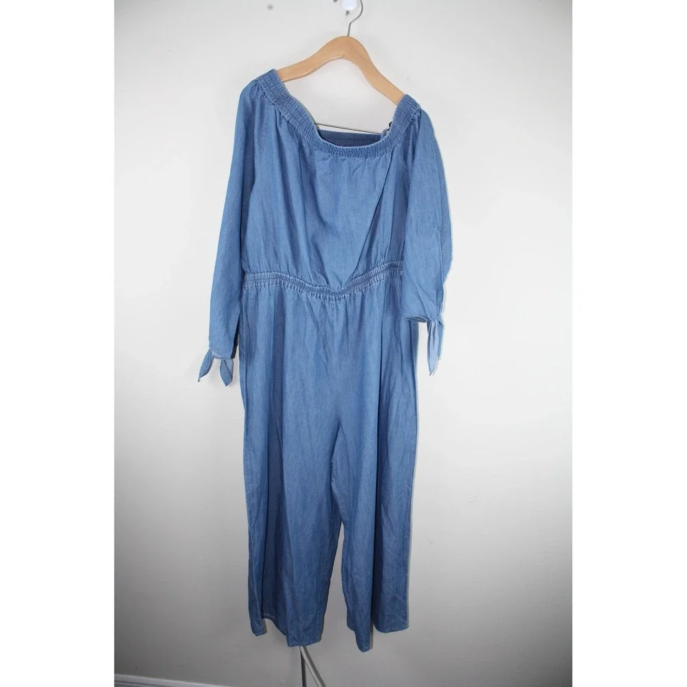 Michael Kors Womens Off Shoulder Denim Jumpsuit Light Cadet Wash MS280Y99HH L
